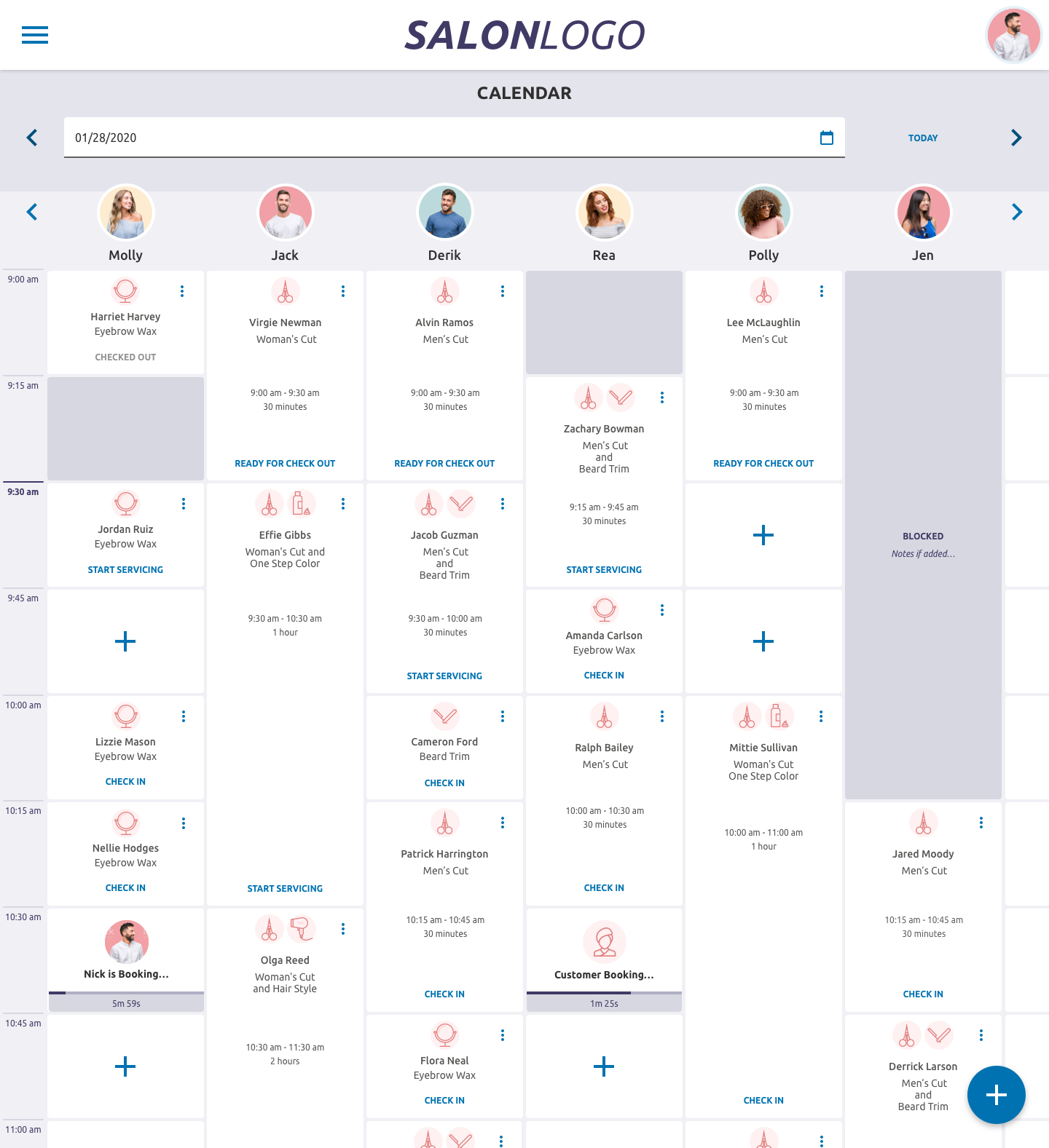 Cloud POS salon booking calendar interface
