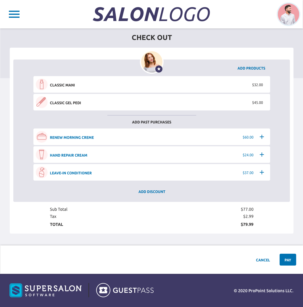 Checkout screen with services, products, and totals
