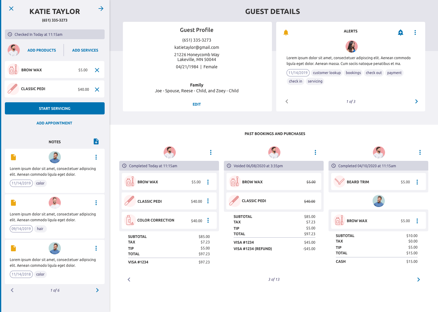 Guest details screen with profile, alerts, and past bookings