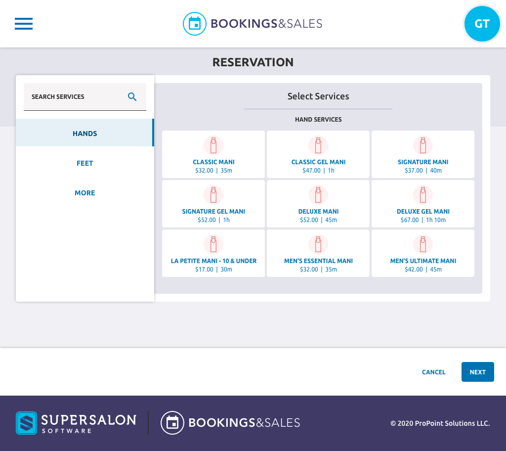 Select services by category screen