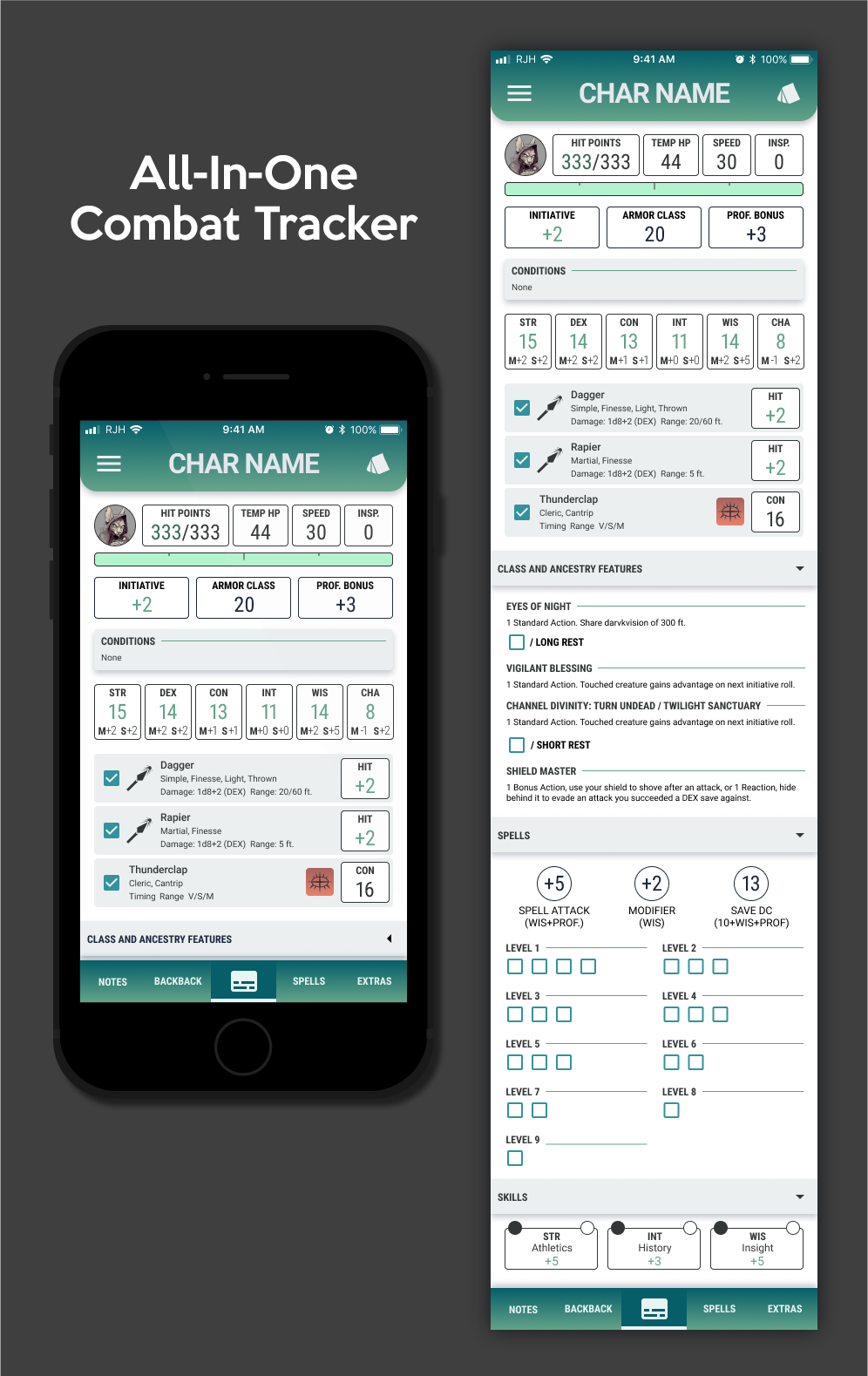 The All-In-One Combat Tracker, full mobile screen with pinned weapons, stats, spell slots, conditions and features