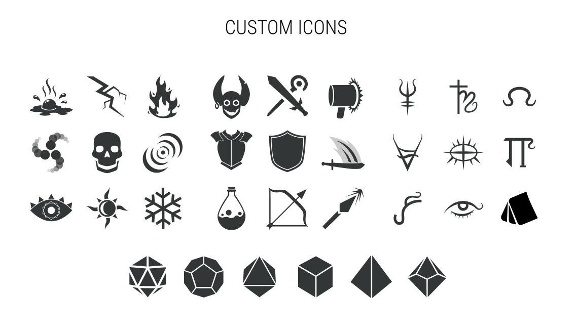 Custom Dice Goblin icon set: damage types, conditions, gear, magic schools and dice
