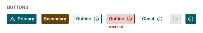 Button components: primary, secondary, outline, outline error, ghost, disabled and icon variants