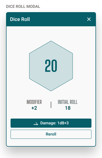 Dice roll modal showing a d20 result of 20, modifier, initial roll and reroll action