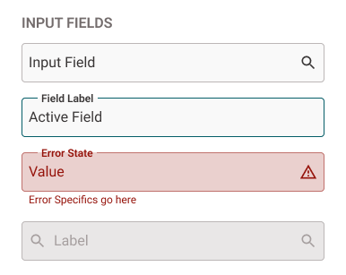 Input field component states: default, active with label, error with message, and disabled