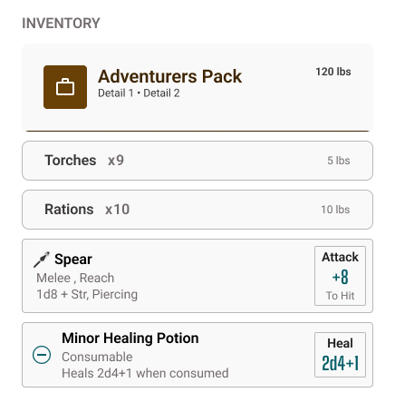Inventory list with equipped items, quantities, weights and an item detail card