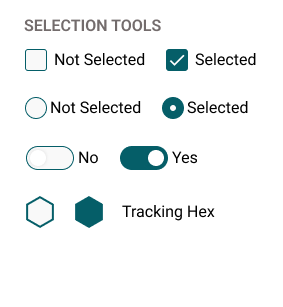 Selection tool components: checkbox, radio, toggle and tracking-hex states