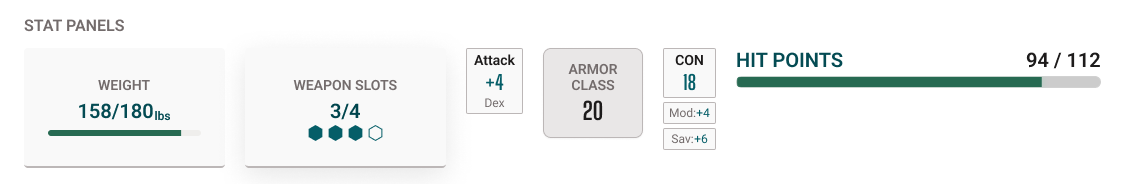Stat panels: weight, weapon slots, attack, armor class, constitution and hit points bar
