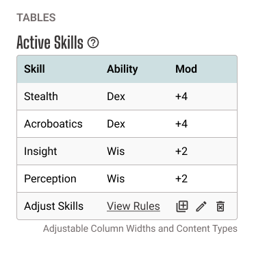 Active skills table with adjustable column widths and varied content types