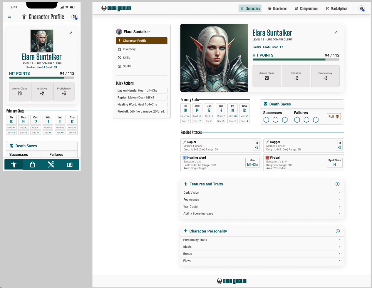 Dice Goblin 2026 design system character profile screens