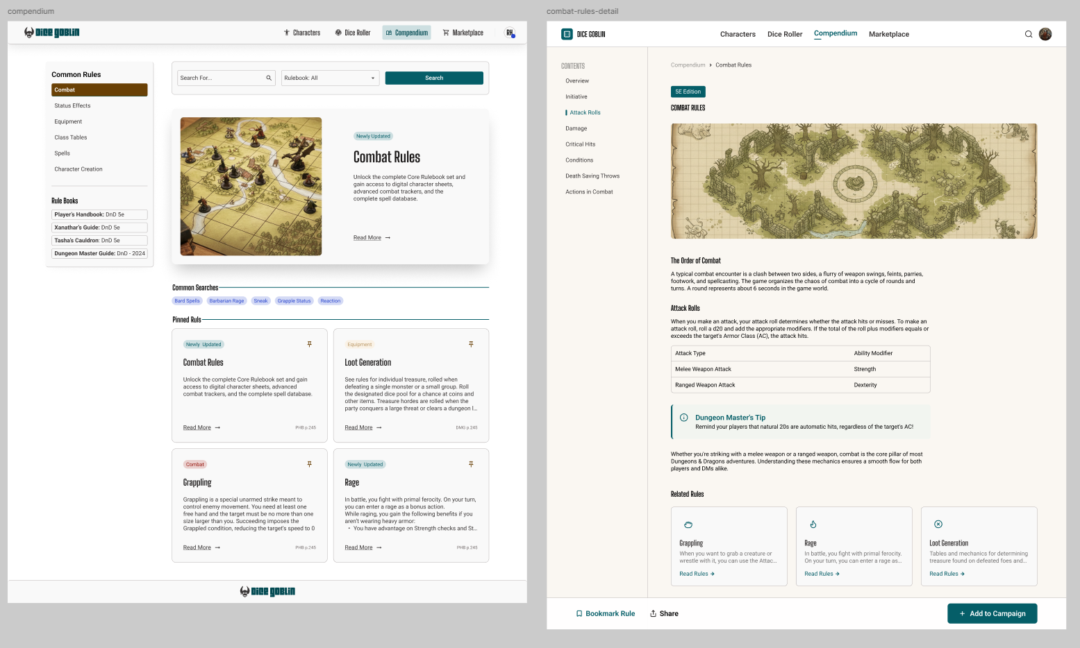 Dice Goblin Compendium and combat-rules detail view, generated on the canvas by Figma's AI agent