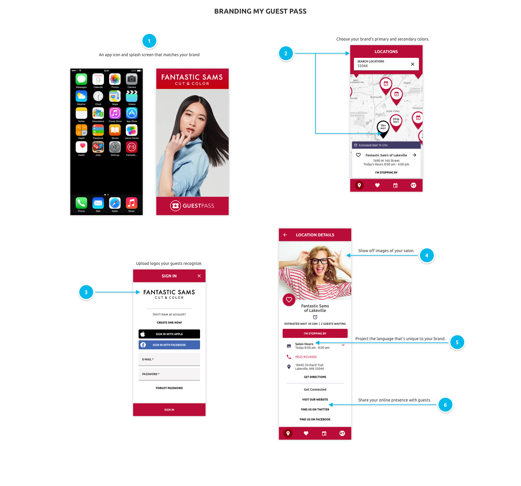 Branding My Guest Pass: app icon and splash, brand colors on the locations map, recognizable logos on sign-in, salon imagery and brand language on location details