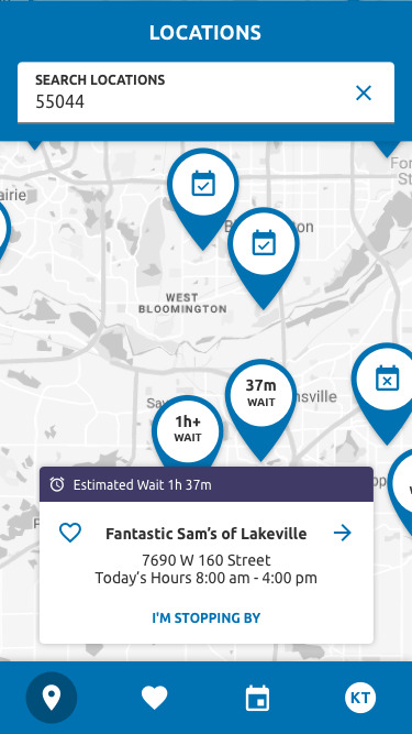Guest Pass locations screen with nearby salons, live wait times, and a location card