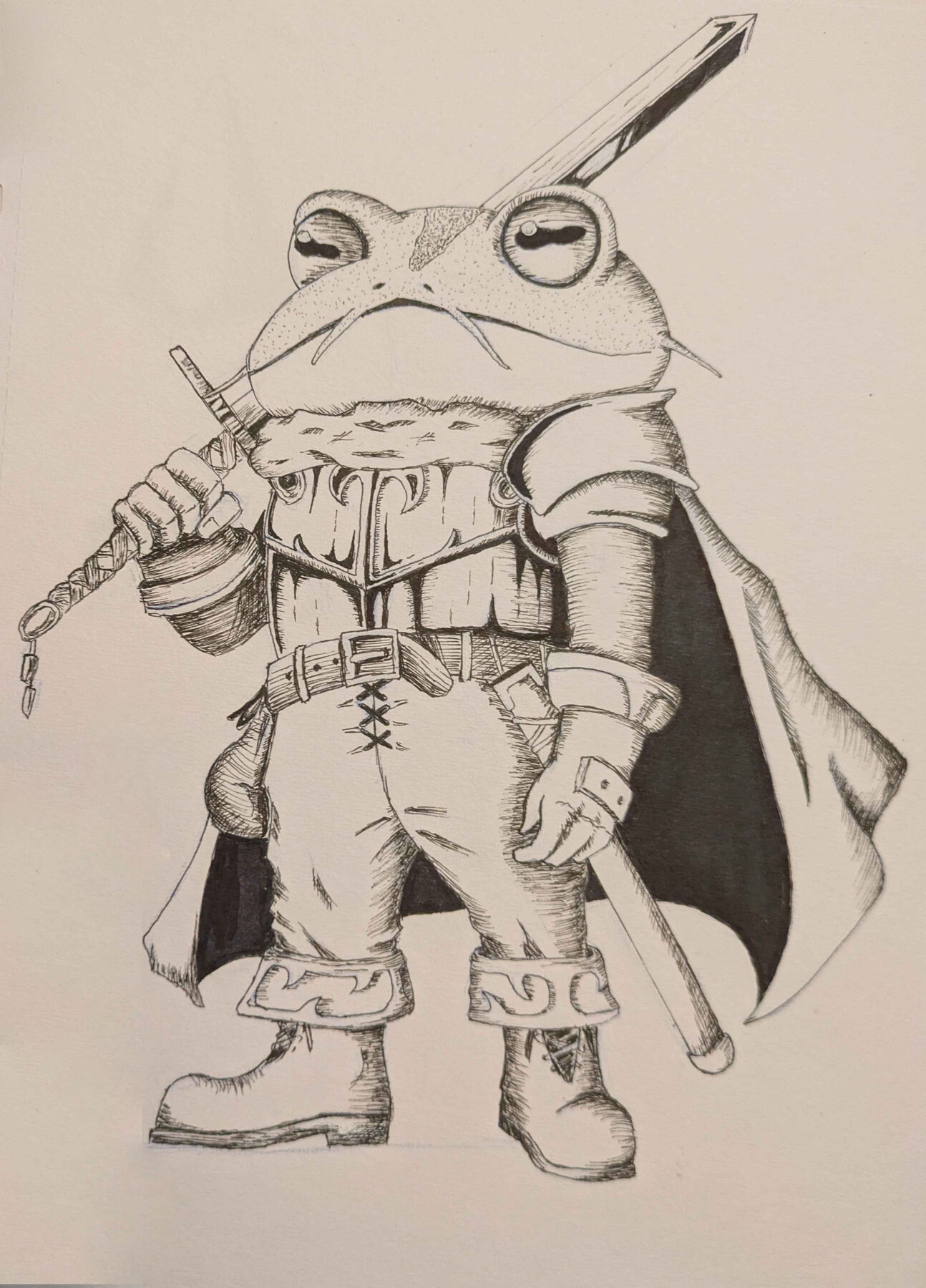 Hand-drawn cross-hatch ink illustration of Frog from Chrono Trigger