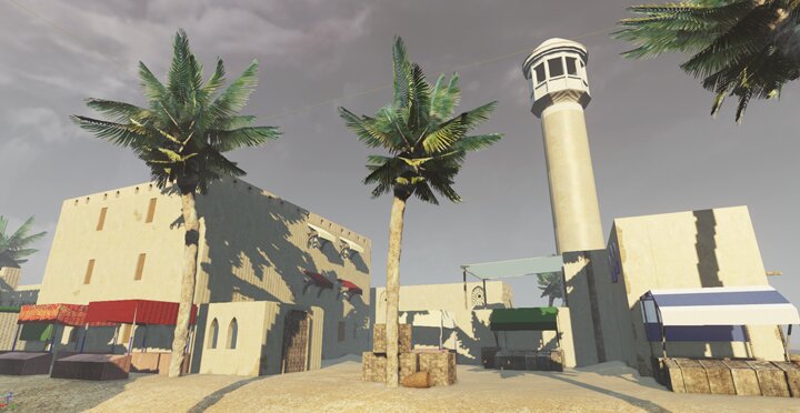 Desert City street render with palm trees and a minaret tower
