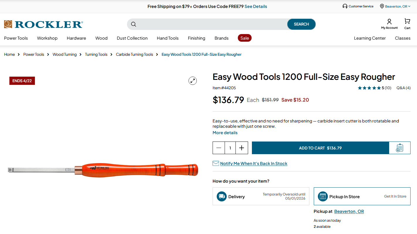 Rockler product page with pickup or delivery selection