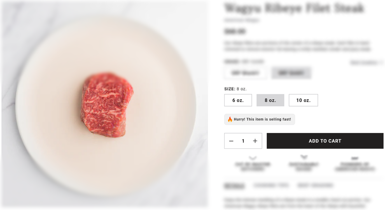 Snake River Farms product page with urgency messaging